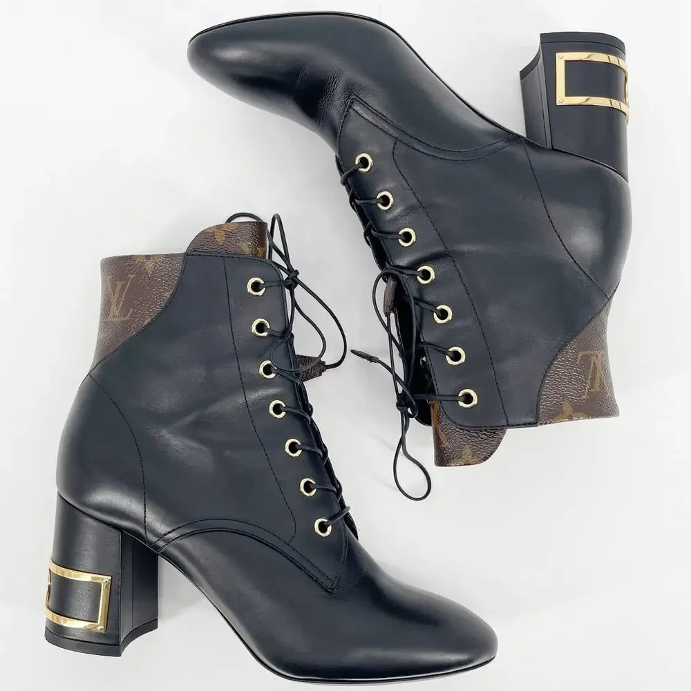Louis Vuitton 2020 Bliss Black Leather Monogram LV Canvas Ankle Boots EU 37.5 - Picture 5 of 15